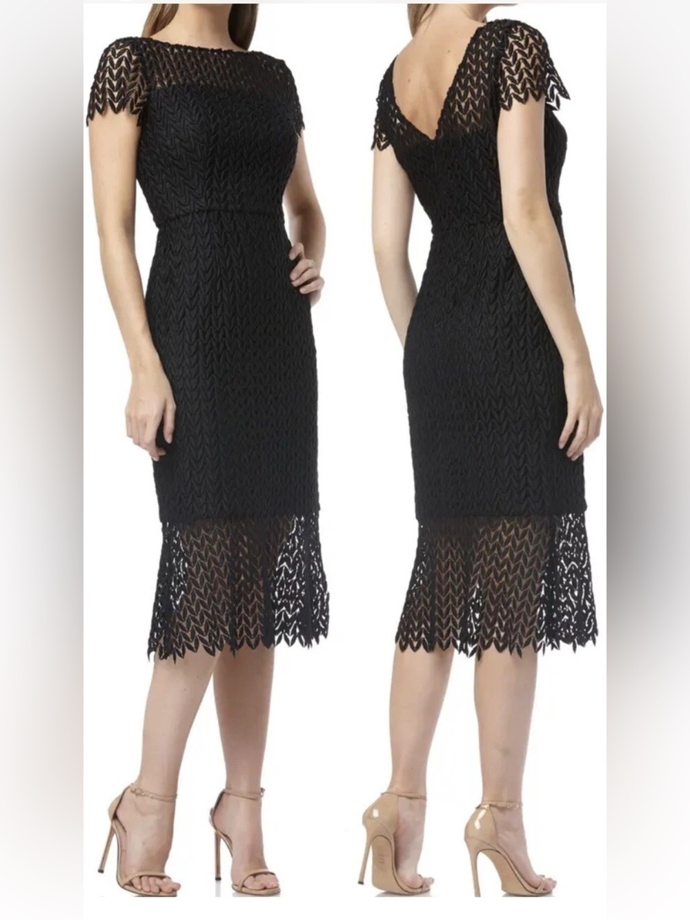 ✅ NWOT Kay Unger Black Lace Midi Dress with Sheer Crochet Hem size 2